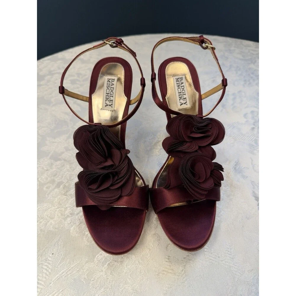Badgley Mischka Heels Womens Randee Ruffle Flower Ankle Strap Satin Dark Red 10M